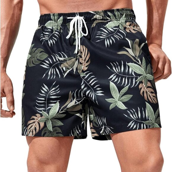 Men's Tropical Print Wide Leg Swim Trunk Drawstring Quick Dry Beach Shorts